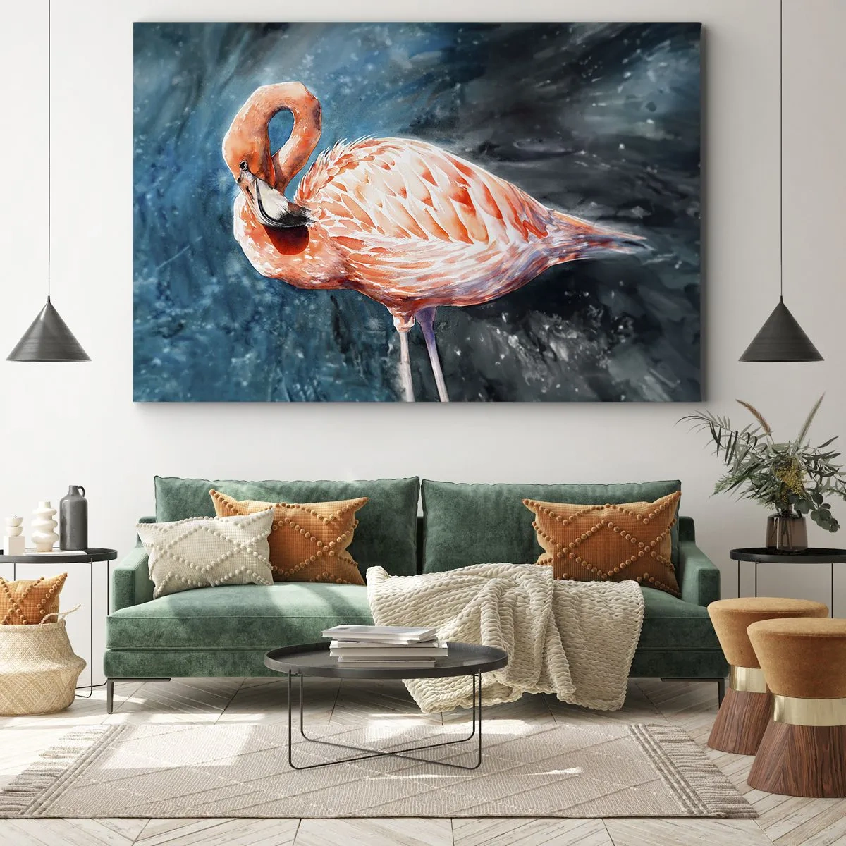 Cuadro sobre lienzo - Impresión de Imagen - Un flamenco rosa sobre un fondo azul de acuarela. - 70x50cm - Decorativo por naturaleza - Decoración de pared moderna para salón y dormitorio ARTTOR
