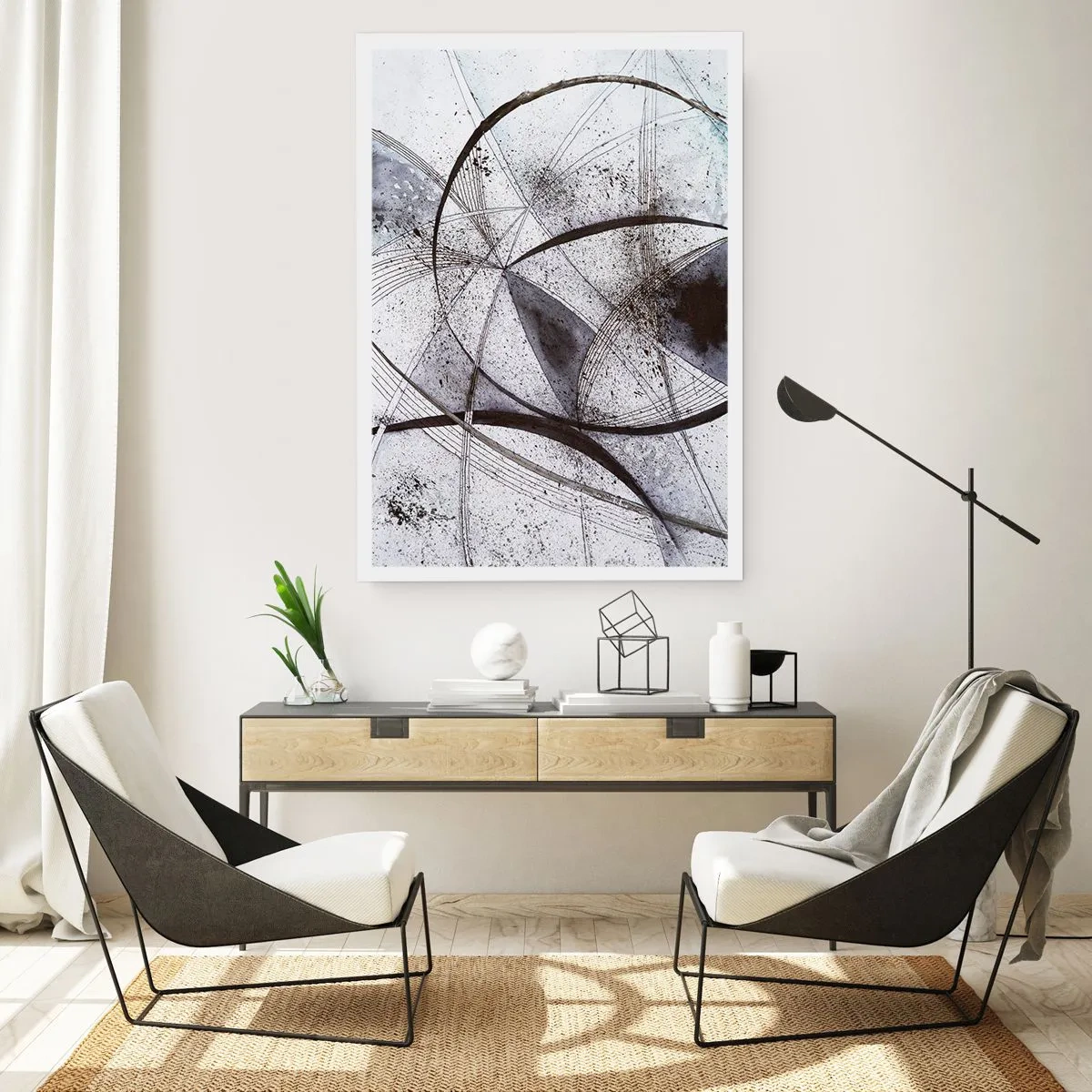 Póster - Composición abstracta de líneas geométricas y círculos. - 50x70cm - Fantasía futurista - Decoración de pared moderna para salón y dormitorio ARTTOR