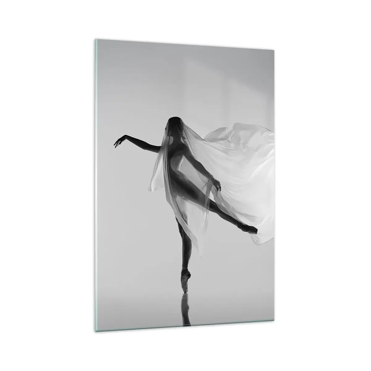 Cuadro sobre vidrio - Impresiones sobre Vidrio - Una bailarina en una pose etérea con tela fluida. - 70x100cm - Ligereza y gracia - Decoración de pared moderna para salón y dormitorio ARTTOR