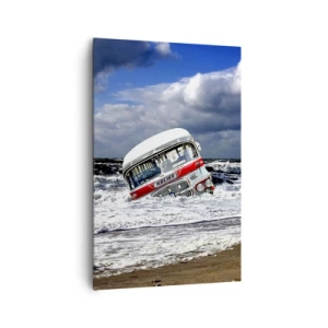 Cuadro sobre lienzo - Impresión de Imagen - Un autobús hundido en la playa en medio de olas y mares agitados - 80x120cm - ¿Y qué te sorprende? - Decoración de pared moderna para salón y dormitorio ARTTOR