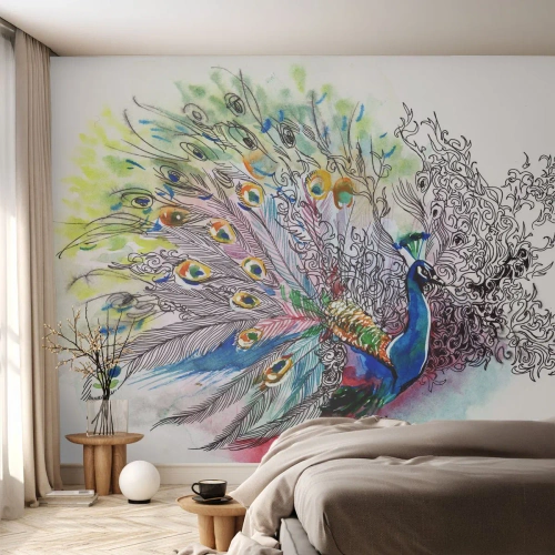 Fotomural Standard Eco - Con orgullo contra el gris  - Pájaro, Pavo real, Plumas - 200x140 cm