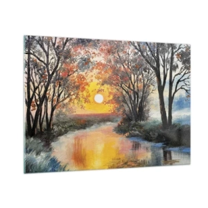 Cuadro sobre vidrio - Impresiones sobre Vidrio - Puesta de sol sobre el río entre los árboles. - 100x70cm - Ambiente otoñal - Decoración de pared moderna para salón y dormitorio ARTTOR