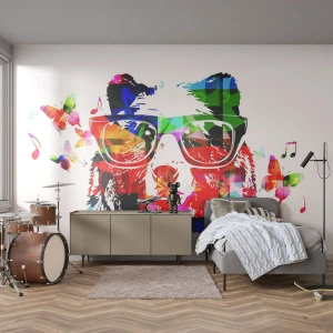 Fotomural Premium Canvas - Oso colorido con gafas con mariposas y notas musicales. - 100x70cm - ¡Me encanta! - Decoración de pared moderna para salón y dormitorio ARTTOR