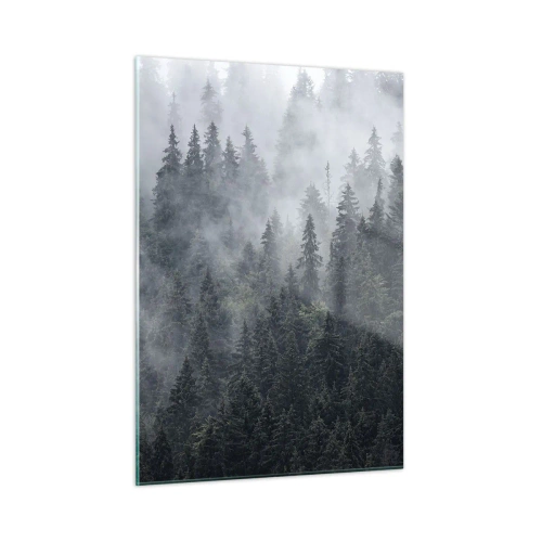 Cuadro sobre vidrio - Impresiones sobre Vidrio - Niebla que se cierne sobre el denso bosque de coníferas por la mañana. - 50x70cm - Amanecer en el bosque - Decoración de pared moderna para salón y dormitorio ARTTOR