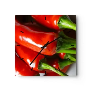 Reloj de pared - Reloj de vidrio - Primer plano de chiles rojos con tallos verdes - 30x30cm - Jugoso, brillante, suave - Decoración de pared moderna para salón y dormitorio ARTTOR