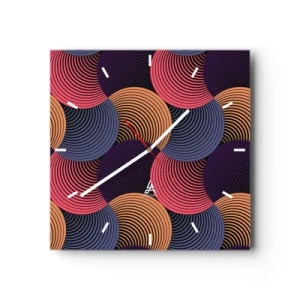 Reloj de pared - Reloj de vidrio - Círculos geométricos en tonos rosa, morado y dorado. - 30x30cm - En un ritmo circular - Decoración de pared moderna para salón y dormitorio ARTTOR