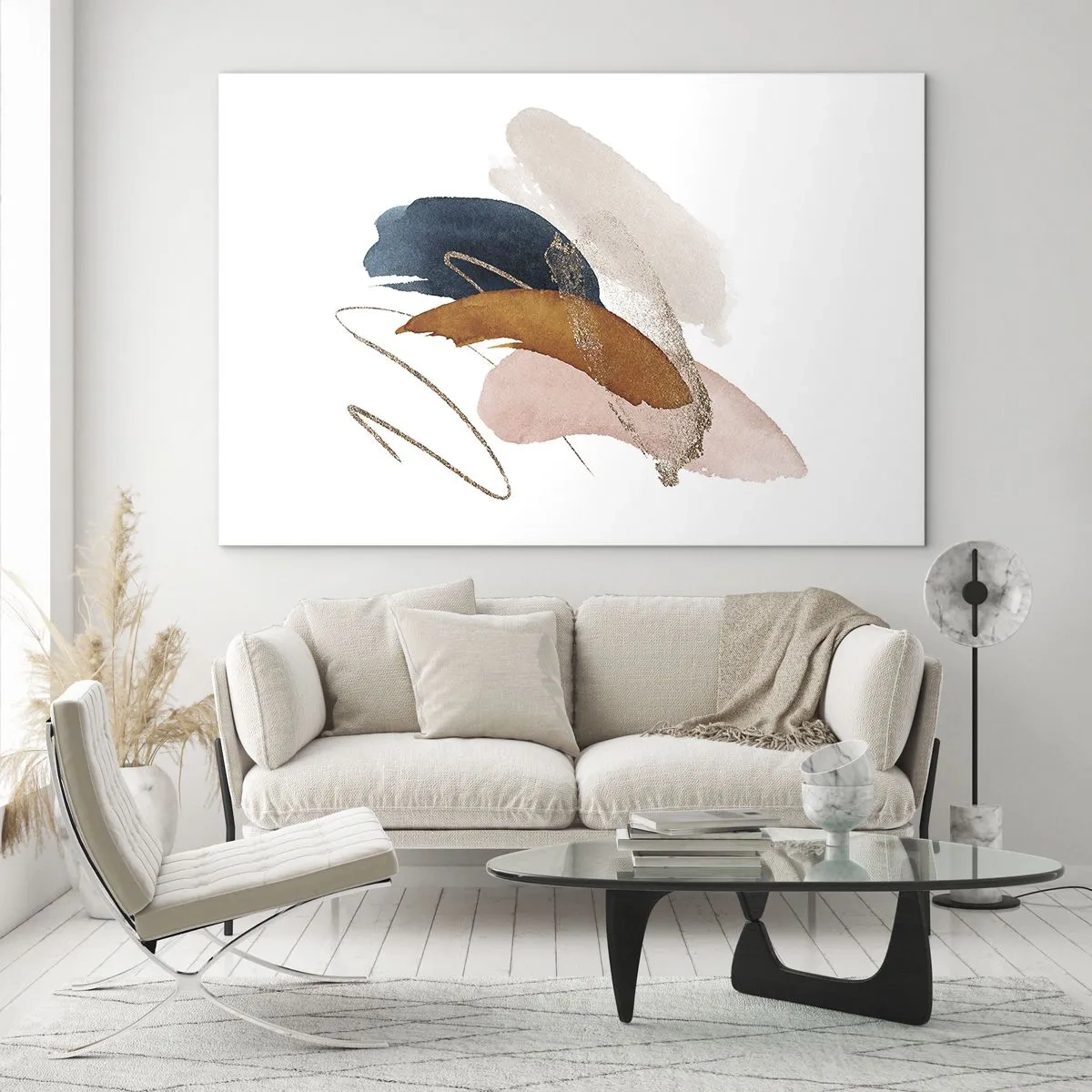Cuadro sobre vidrio - Impresiones sobre Vidrio - Pinceladas abstractas en colores apagados - 70x50cm - Composición alada - Decoración de pared moderna para salón y dormitorio ARTTOR