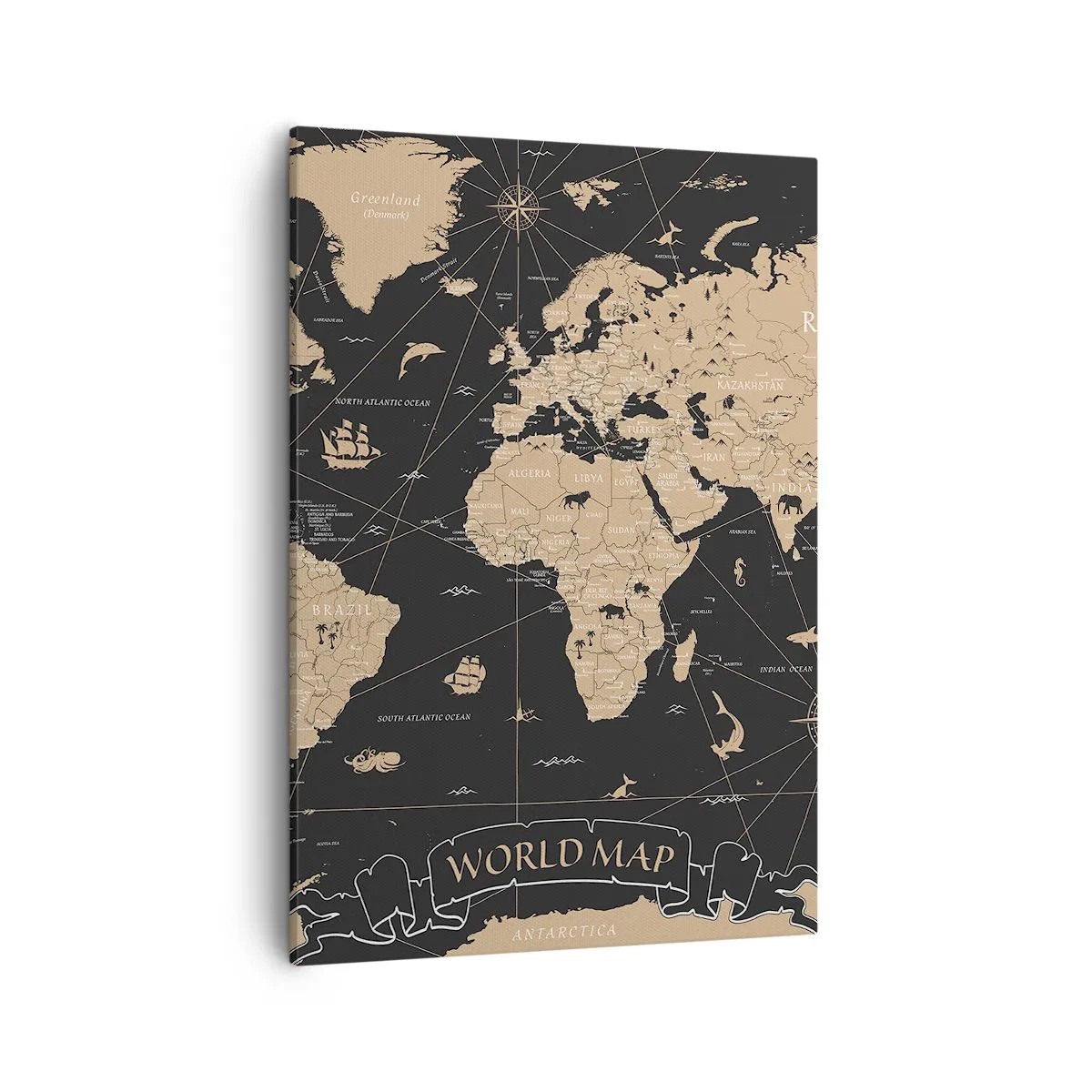 Cuadro sobre lienzo - Impresión de Imagen - Un mapa del mundo estilizado sobre un fondo negro con acentos beige. - 50x70cm - Las fronteras de mi mundo - Decoración de pared moderna para salón y dormitorio ARTTOR