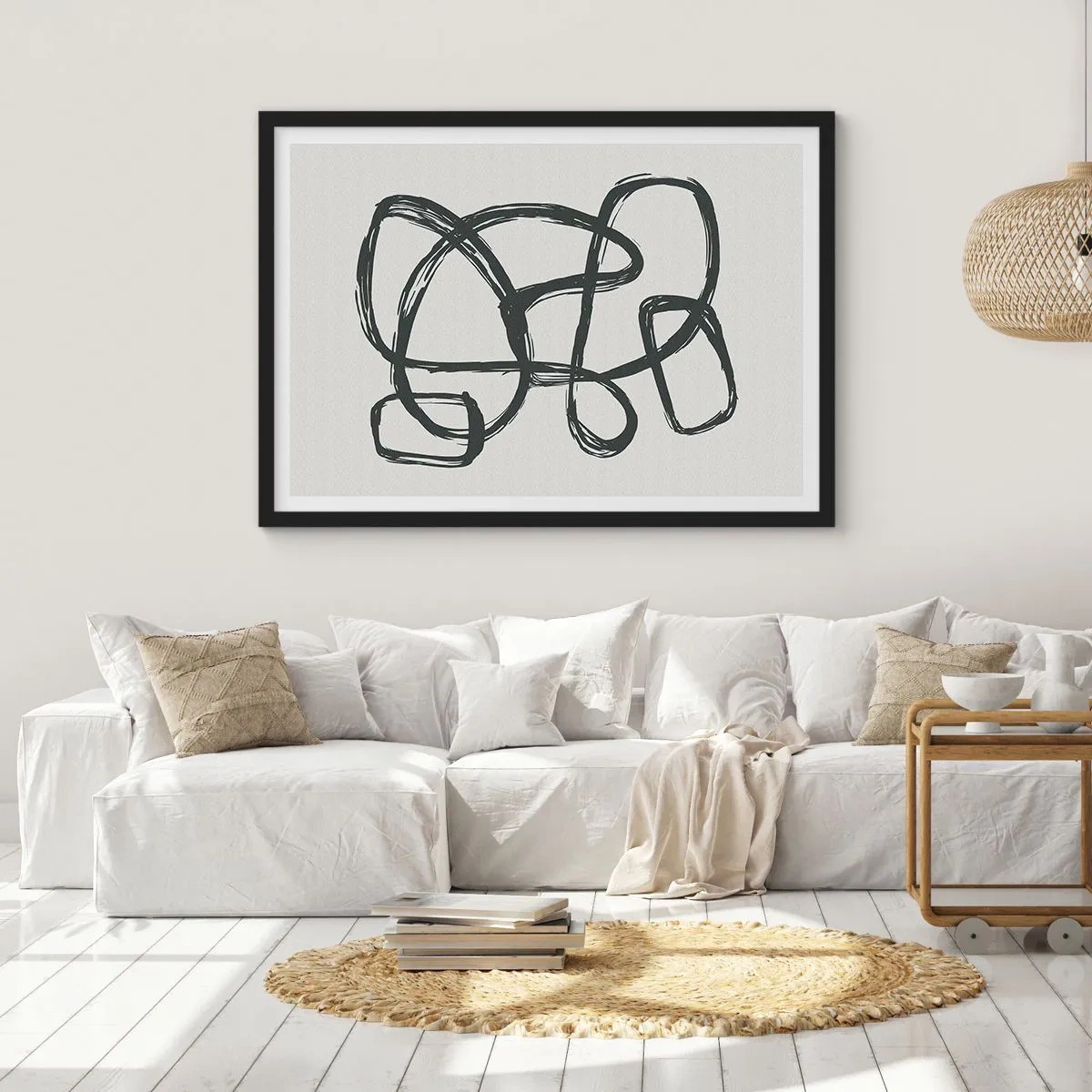 Póster en marco negro - Líneas abstractas que crean formas libres sobre un fondo claro - 70x50cm - Abstracción en bucle - Decoración de pared moderna para salón y dormitorio ARTTOR