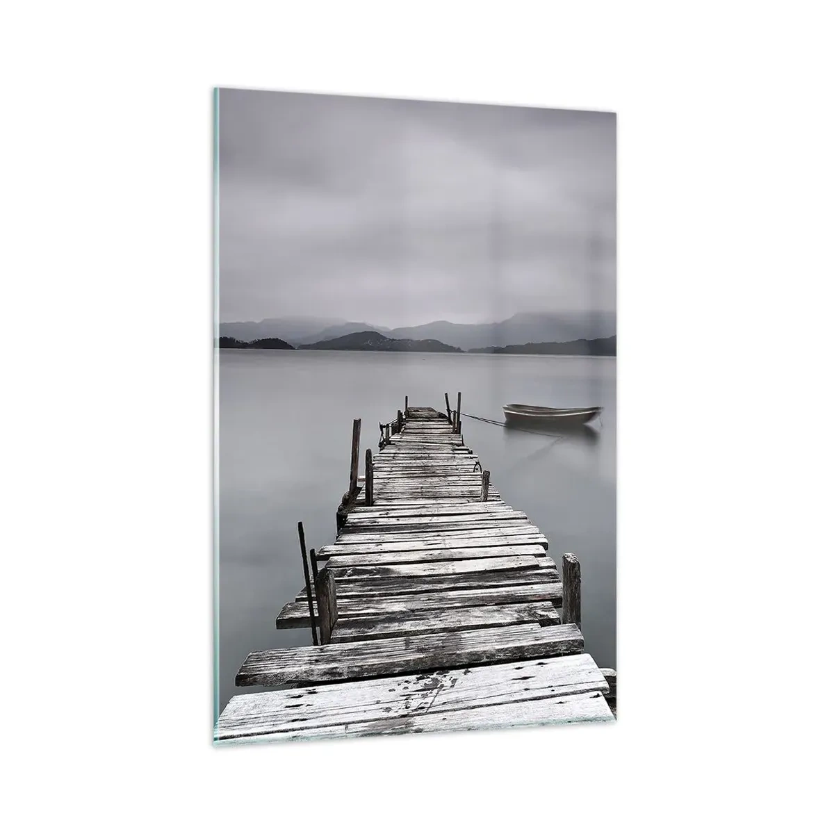 Cuadro sobre vidrio - Impresiones sobre Vidrio - Un puente de madera que conduce a la tranquila superficie del lago. - 80x120cm - Mañana partimos - Decoración de pared moderna para salón y dormitorio ARTTOR