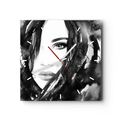 Reloj de pared - Reloj de vidrio - Retrato de una mujer en acuarela en blanco y negro - 30x30cm - Retrato de una dama en blanco y negro - Decoración de pared moderna para salón y dormitorio ARTTOR