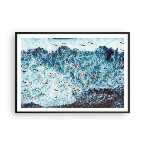 Póster en marco negro - Una vista aérea de flamencos rosados sobre un océano azul. - 100x70cm - Un desfile marítimo - Decoración de pared moderna para salón y dormitorio ARTTOR