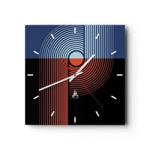 Reloj de pared - Reloj de vidrio - Abstracción geométrica con líneas en azul marino y naranja. - 30x30cm - En un abrazo geométrico - Decoración de pared moderna para salón y dormitorio ARTTOR