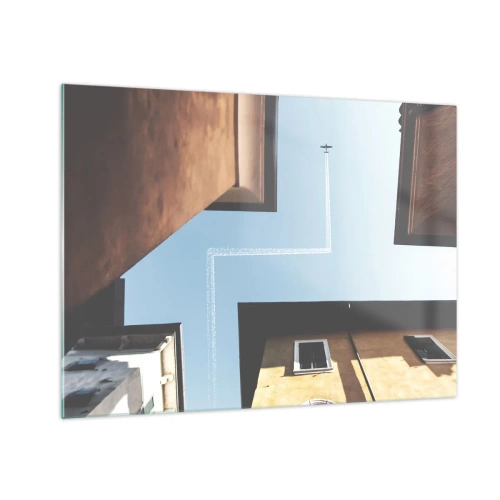 Cuadro sobre vidrio - Impresiones sobre Vidrio - Un avión sobre la ciudad visto desde un patio entre casas de vecindad. - 70x50cm - Por encima del laberinto urbano - Decoración de pared moderna para salón y dormitorio ARTTOR