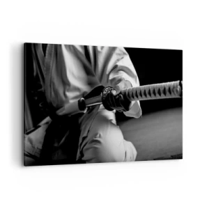 Cuadro sobre lienzo - Impresión de Imagen - Un samurái con kimono sosteniendo una katana en blanco y negro. - 120x80cm - Alma de guerrero - Decoración de pared moderna para salón y dormitorio ARTTOR