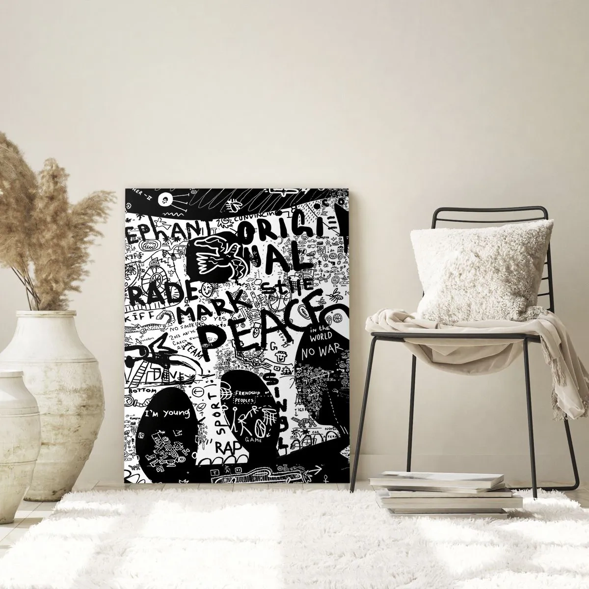 Cuadro sobre vidrio - Impresiones sobre Vidrio - Imagen de grafiti en blanco y negro con temas de paz y libertad. - 50x70cm - El rico mundo de la calle - Decoración de pared moderna para salón y dormitorio ARTTOR