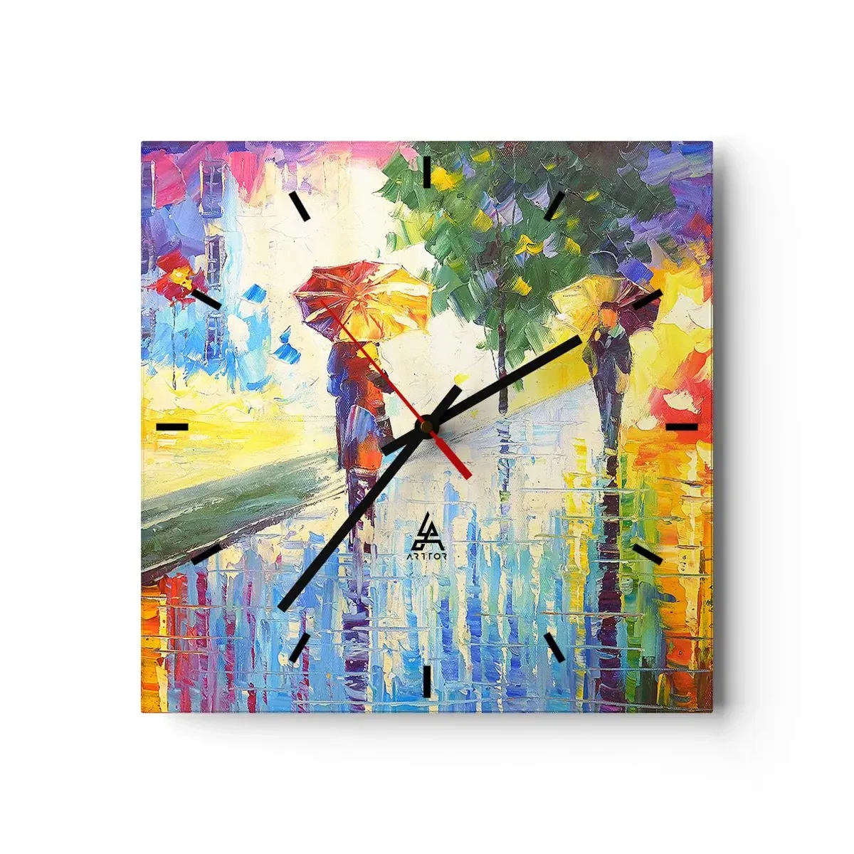 Reloj de pared - Reloj de vidrio - Un paseo con paraguas en un colorido paisaje lluvioso. - 30x30cm - Y todo está claro - Decoración de pared moderna para salón y dormitorio ARTTOR