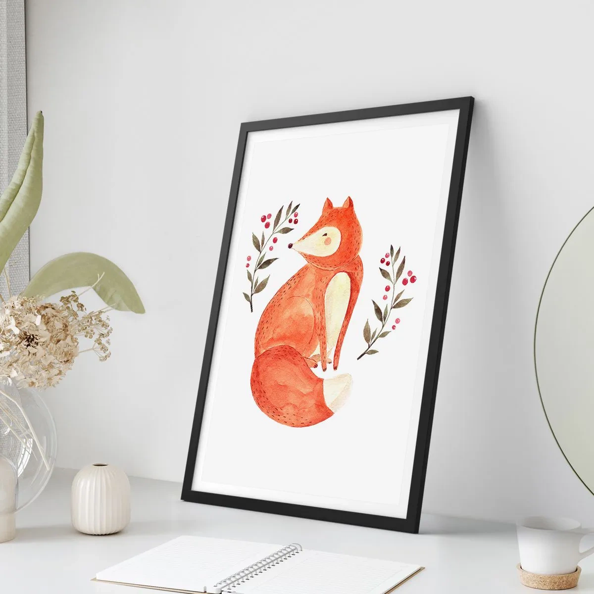 Póster en marco negro - Ilustración de un zorro rodeado de ramas con frutos rojos. - 50x70cm - Pequeño pelirrojo - Decoración de pared moderna para salón y dormitorio ARTTOR