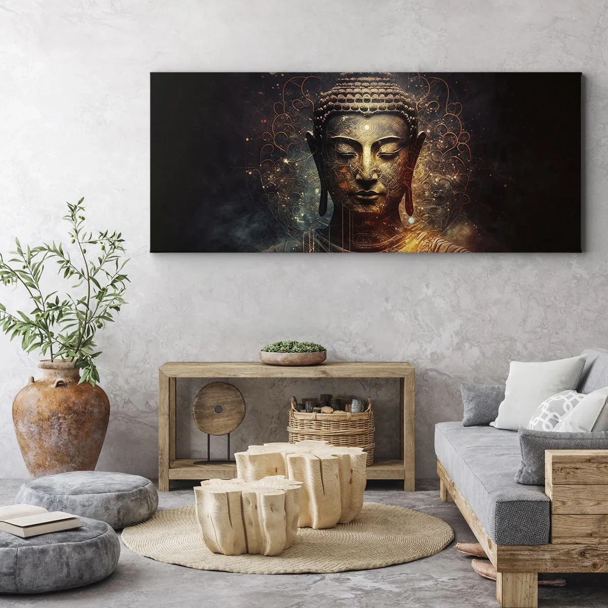 Cuadro sobre lienzo - Impresión de Imagen - Buda dorado sobre un fondo oscuro con adornos. - 160x50cm - Equilibrio espiritual - Decoración de pared moderna para salón y dormitorio ARTTOR