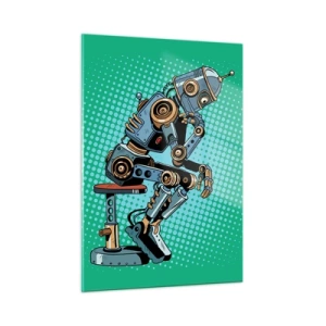 Cuadro sobre vidrio - Impresiones sobre Vidrio - Un robot pensador sobre un fondo con patrón de arte pop verde. - 50x70cm - Sobre la esencia del ser - Decoración de pared moderna para salón y dormitorio ARTTOR