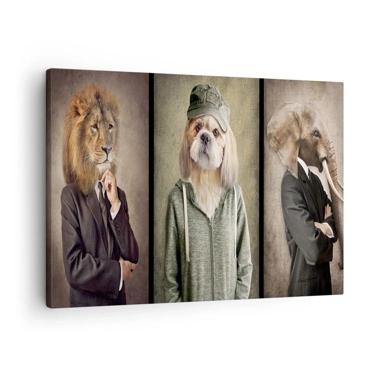 Cuadro sobre lienzo - Impresión de Imagen - Retratos estilizados de un león, un perro y un elefante con ropa elegante. - 70x50cm - Prefiero tomármelo con calma - Decoración de pared moderna para salón y dormitorio ARTTOR
