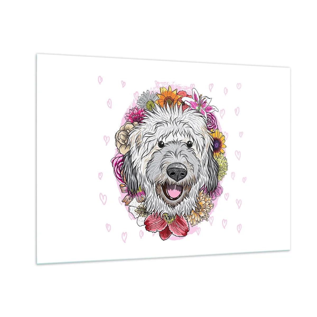 Cuadro sobre vidrio - Impresiones sobre Vidrio - Ilustración de un perro rodeado de flores. - 100x70cm - Alegría de cachorro - Decoración de pared moderna para salón y dormitorio ARTTOR
