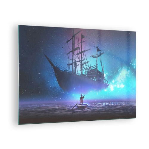 Cuadro sobre vidrio - Impresiones sobre Vidrio - Un barco nocturno flotando sobre el agua en un aura mágica. - 70x50cm - El encuentro con el mito del mar - Decoración de pared moderna para salón y dormitorio ARTTOR