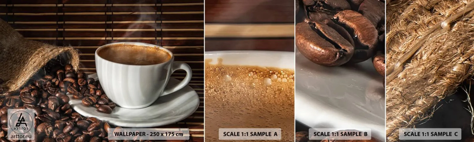 Muestra De Fotomural Standard Eco - La negrura del carbón, la transparencia del ámbar - Gastronomía, Café, taza de cafe - 100x30 cm