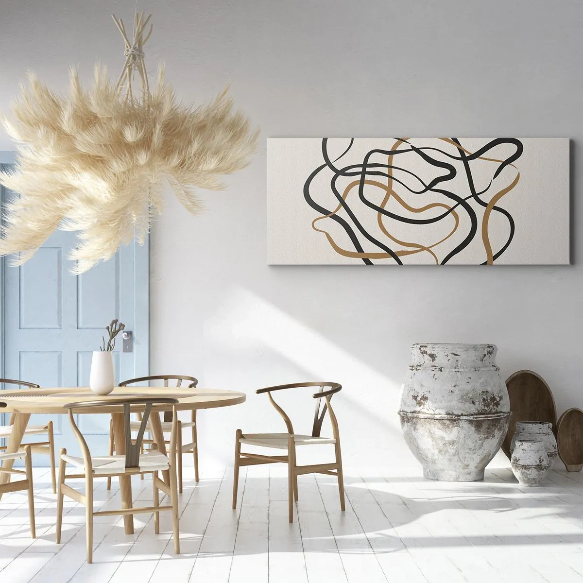 Cuadro sobre lienzo - Impresión de Imagen - Líneas enredadas en negro y dorado sobre un fondo claro. - 120x50cm - Todo ha salido mal - Decoración de pared moderna para salón y dormitorio ARTTOR