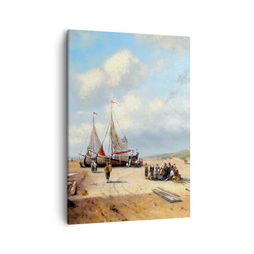 Cuadro sobre lienzo - Impresión de Imagen - Barcos de pesca en la playa con figuras humanas - 50x70cm - Después de una pesca exitosa - Decoración de pared moderna para salón y dormitorio ARTTOR