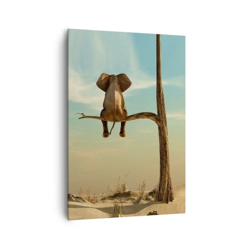 Cuadro sobre lienzo - Impresión de Imagen - Un elefante sentado en una rama con vistas a un paisaje desértico. - 70x100cm - Un nuevo punto de vista - Decoración de pared moderna para salón y dormitorio ARTTOR