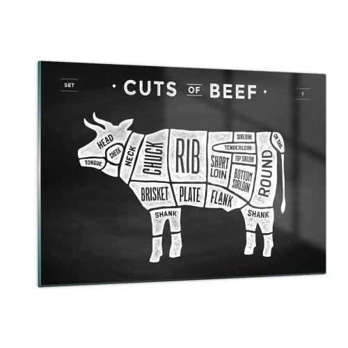 Cuadro sobre vidrio - Impresiones sobre Vidrio - Diagrama de corte de carne de res en una pizarra - 120x80cm - Manual del carnicero - Decoración de pared moderna para salón y dormitorio ARTTOR
