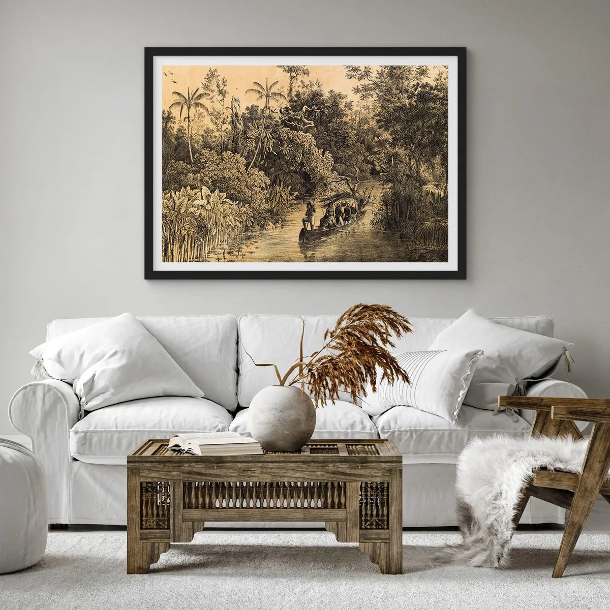 Póster en marco negro - Dibujo de una jungla con un barco en un río. - 70x50cm - Expedición a la fuente - Decoración de pared moderna para salón y dormitorio ARTTOR