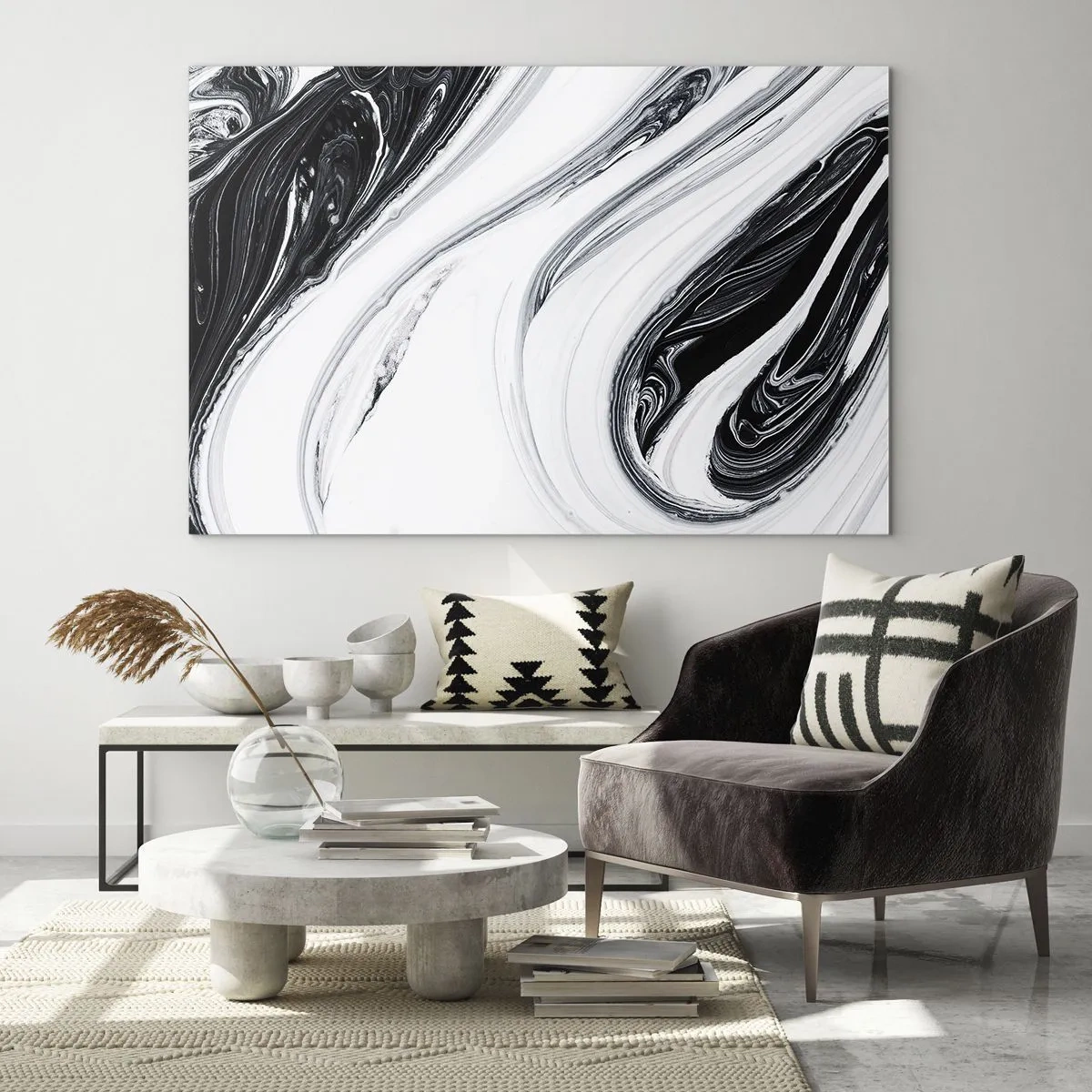 Cuadro sobre vidrio - Impresiones sobre Vidrio - Líneas en espiral en blanco y negro que se asemejan al mármol en un estilo abstracto. - 70x50cm - Combinando opuestos - Decoración de pared moderna para salón y dormitorio ARTTOR