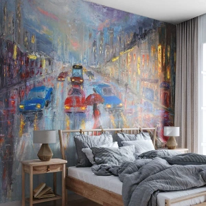 Fotomural Premium Sand - Calle nocturna impresionista con una figura bajo un paraguas rojo - 100x70cm - Una tarde de lluvia en la ciudad - Decoración de pared moderna para salón y dormitorio ARTTOR