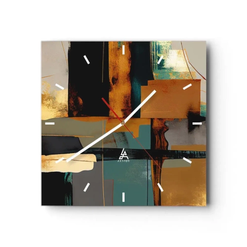 Reloj de pared - Reloj de vidrio - Composición abstracta con elementos dorados y turquesas. - 30x30cm - Abstracción: luces y sombras - Decoración de pared moderna para salón y dormitorio ARTTOR