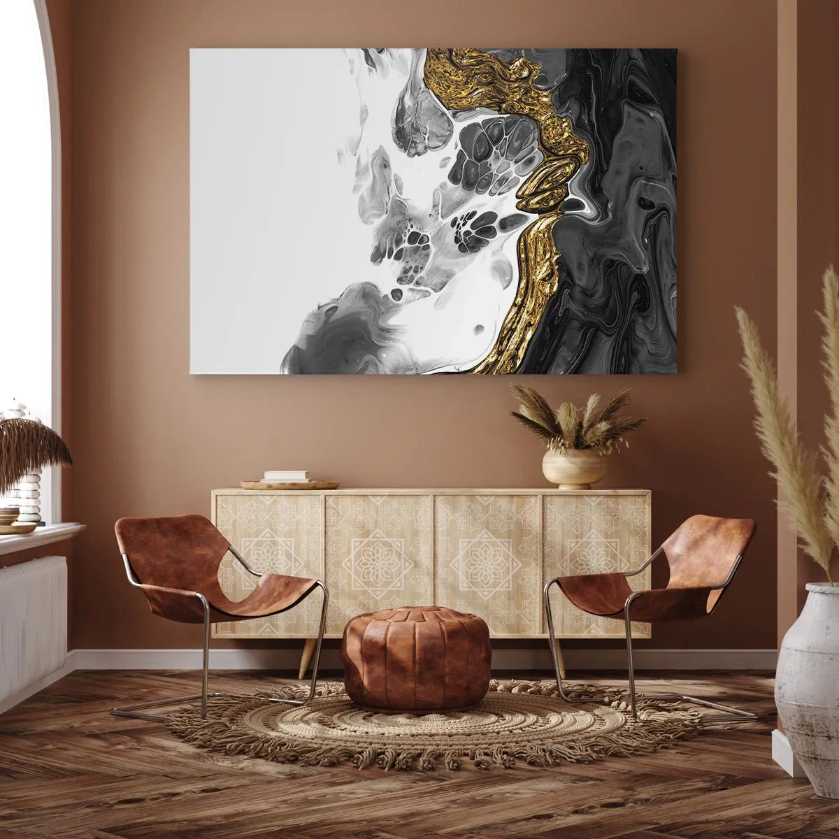 Cuadro sobre lienzo - Impresión de Imagen - Una composición abstracta con acentos dorados y negros. - 70x50cm - Composición orgánica - Decoración de pared moderna para salón y dormitorio ARTTOR