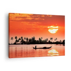 Cuadro sobre lienzo - Impresión de Imagen - Atardecer tropical con un barco y palmeras al fondo - 70x50cm - La paz de los trópicos al atardecer - Decoración de pared moderna para salón y dormitorio ARTTOR