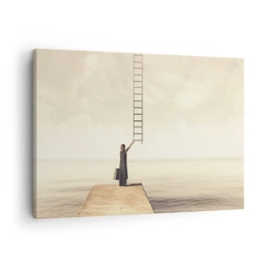 Cuadro sobre lienzo - Impresión de Imagen - Una mujer parada en un muelle con una escalera que conduce al cielo. - 70x50cm - Un viaje mágico - Decoración de pared moderna para salón y dormitorio ARTTOR