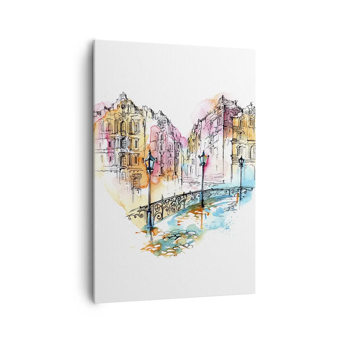 Cuadro sobre lienzo - Impresión de Imagen - Acuarela de un puente y casas de vecindad en forma de corazón - 70x100cm - El corazón de la ciudad - Decoración de pared moderna para salón y dormitorio ARTTOR