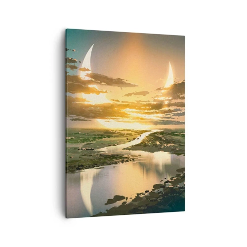 Cuadro sobre lienzo - Impresión de Imagen - Un paisaje fantástico con dos lunas en el horizonte. - 50x70cm - En algún lugar de una galaxia muy, muy lejana - Decoración de pared moderna para salón y dormitorio ARTTOR