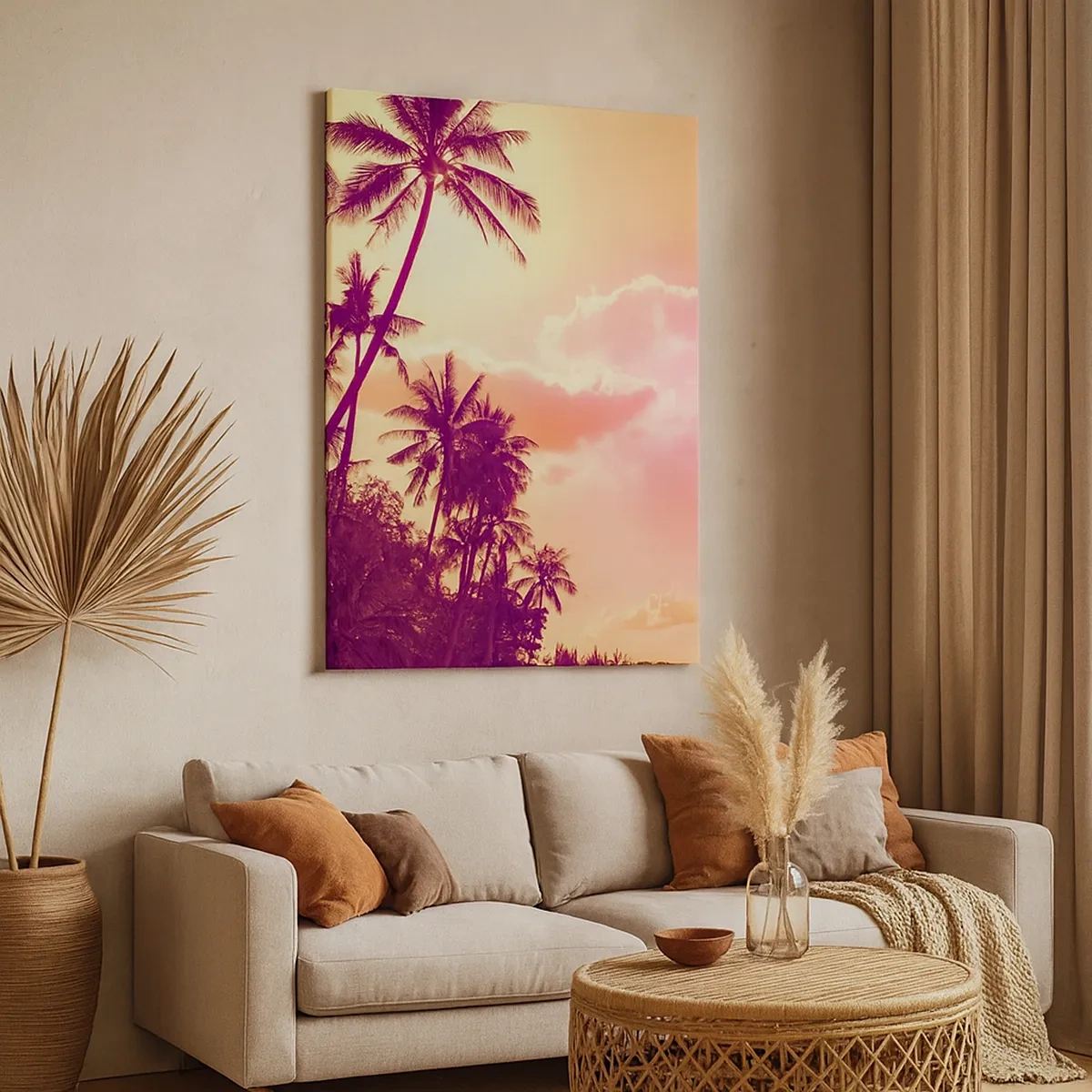 Cuadro sobre lienzo - Impresión de Imagen - Palmeras iluminadas por el sol poniente en un cielo tropical - 50x70cm - Debes elegir - Decoración de pared moderna para salón y dormitorio ARTTOR