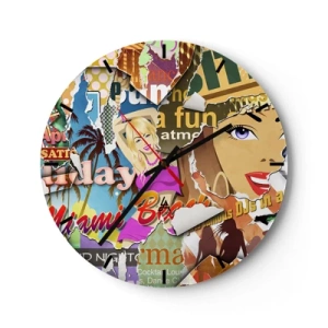 Reloj de pared - Reloj de vidrio - Una colorida composición de carteles de estilo retro. - 30x30cm - Recuerdos de las vacaciones - Decoración de pared moderna para salón, cocina y dormitorio ARTTOR