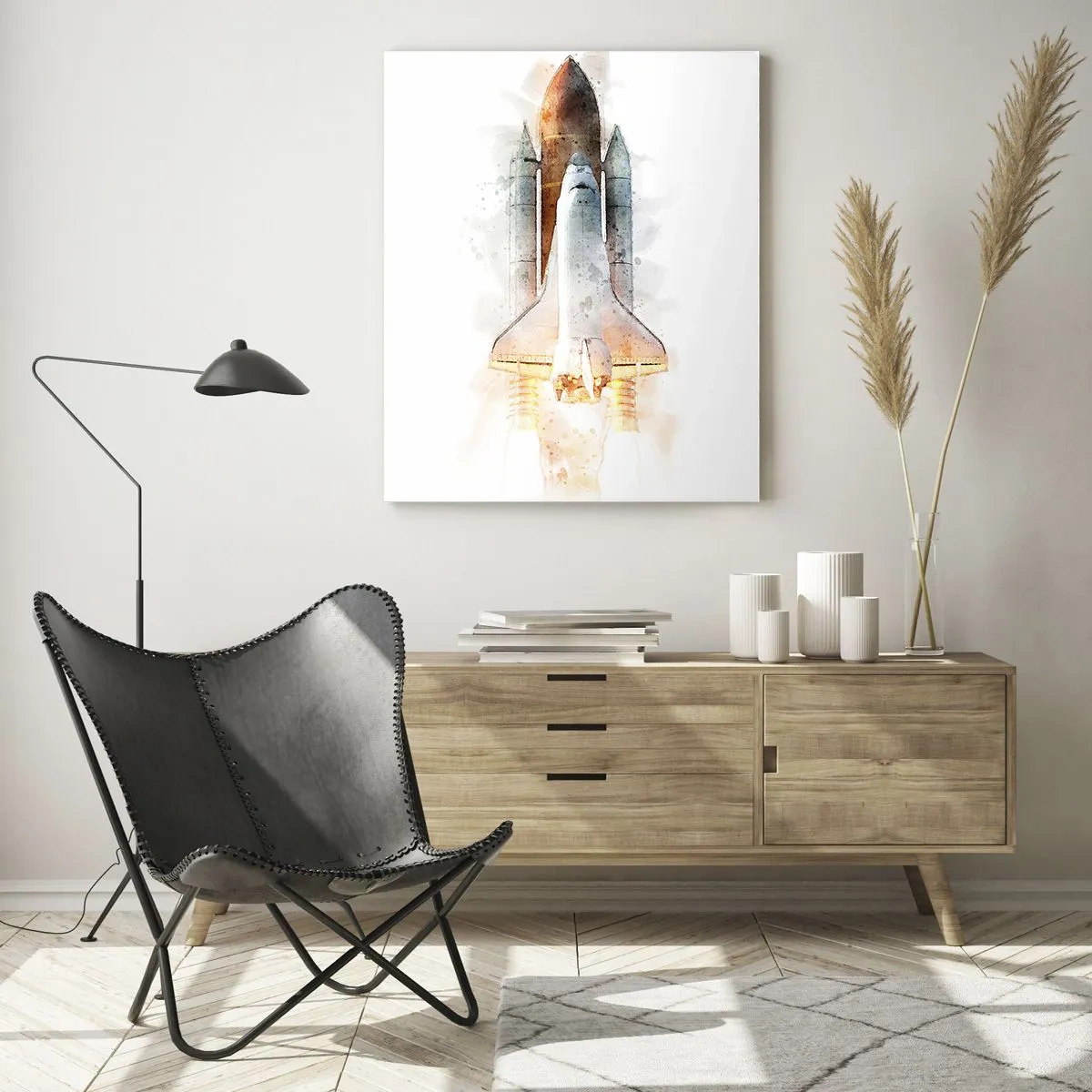 Cuadro sobre vidrio - Impresiones sobre Vidrio - Un transbordador espacial despegando en estilo acuarela sobre un fondo blanco. - 50x70cm - El comienzo de la exploración - Decoración de pared moderna para salón y dormitorio ARTTOR