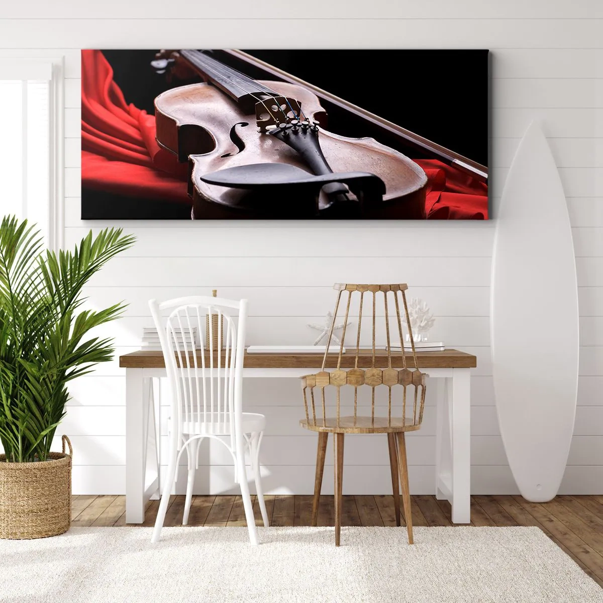 Cuadro sobre lienzo - Impresión de Imagen - Violín sobre tela roja con fondo negro. - 160x50cm - Música de sentimientos - Decoración de pared moderna para salón y dormitorio ARTTOR