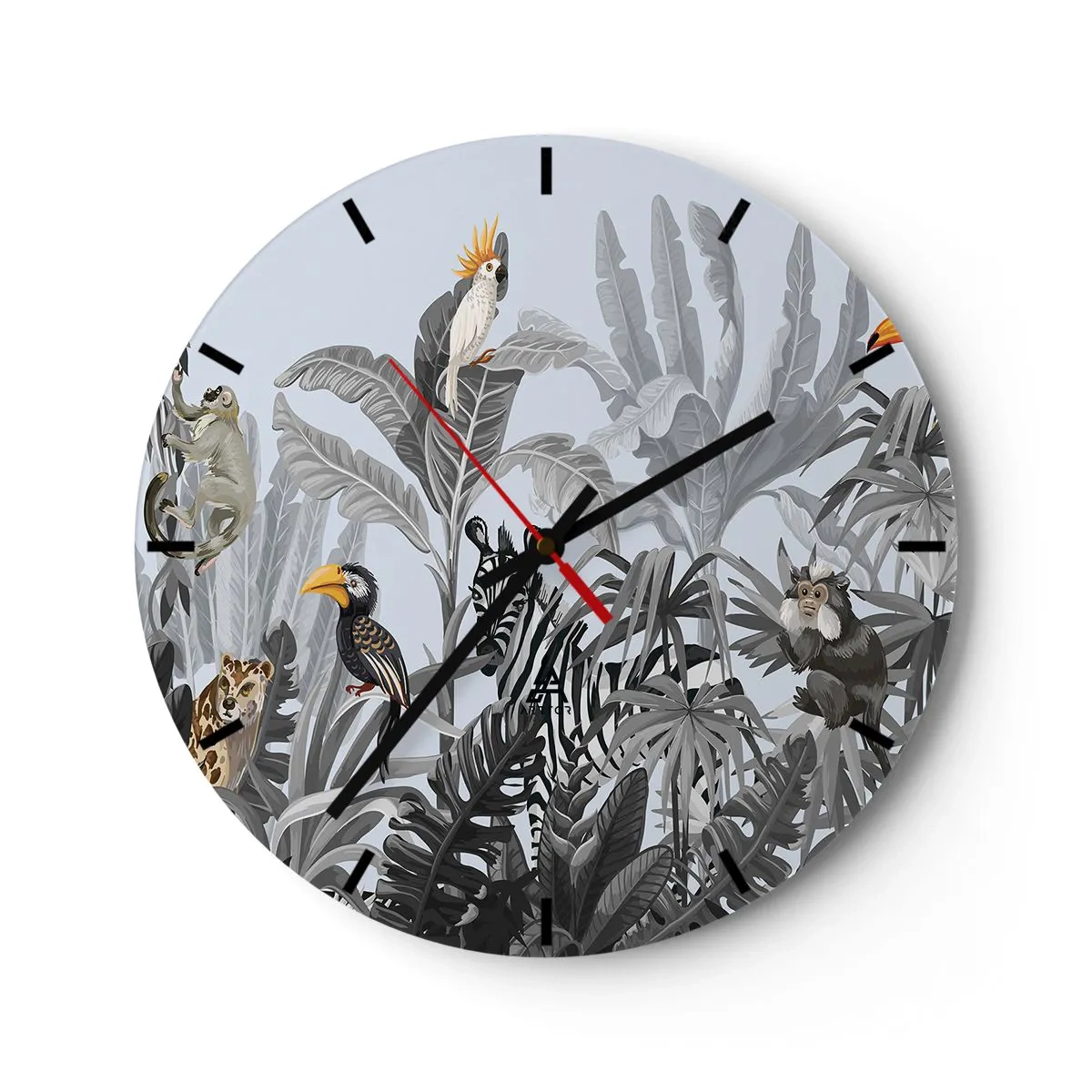 Reloj de pared - Reloj de vidrio - Plantas tropicales con animales exóticos sobre un fondo de jungla. - 30x30cm - Un cuento de hadas africano - Decoración de pared moderna para salón, cocina y dormitorio ARTTOR