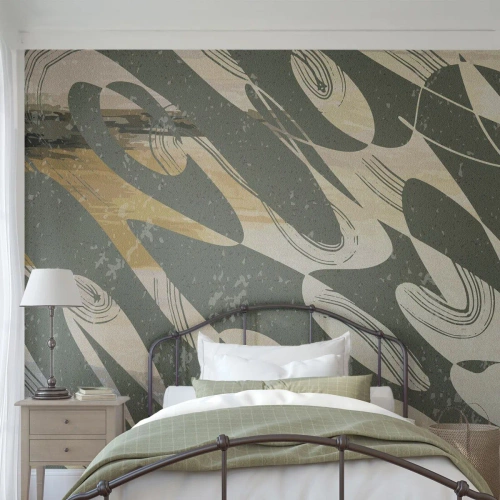 Fotomural Standard Eco - Una composición verde y beige con formas abstractas dinámicas. - 100x70cm - Abstracción rítmica - Decoración de pared moderna para salón y dormitorio ARTTOR