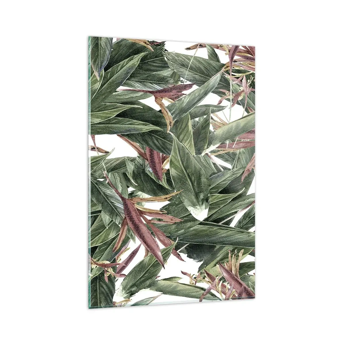 Cuadro sobre vidrio - Impresiones sobre Vidrio - Un motivo decorativo de hojas en tonos verdes y burdeos sobre un fondo claro. - 80x120cm - Naturaleza esmeralda y lila - Decoración de pared moderna para salón y dormitorio ARTTOR