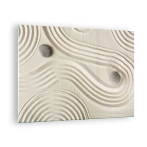 Cuadro sobre vidrio - Impresiones sobre Vidrio - Arena minimalista con piedras y patrones geométricos. - 70x50cm - Un toque de calidez - Decoración de pared moderna para salón y dormitorio ARTTOR
