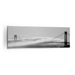 Cuadro sobre lienzo - Impresión de Imagen - Un puente sobre el agua envuelto en niebla en una toma en blanco y negro. - 160x50cm - Navegue por el Golden Gate - Decoración de pared moderna para salón y dormitorio ARTTOR